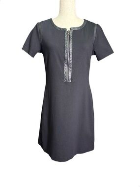 Yoana Baraschi Black Dress Faux Leather Trim Zip Front Corporate Goth Minimalist